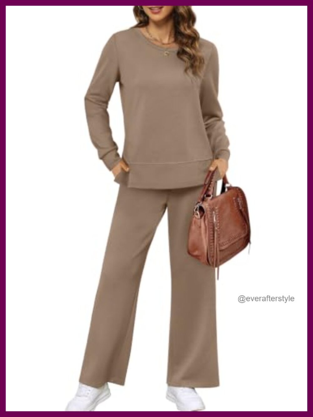 XIEERDUO 2 Piece Lounge Set Long Sleeve Top Wide Leg Pants Side Slit
